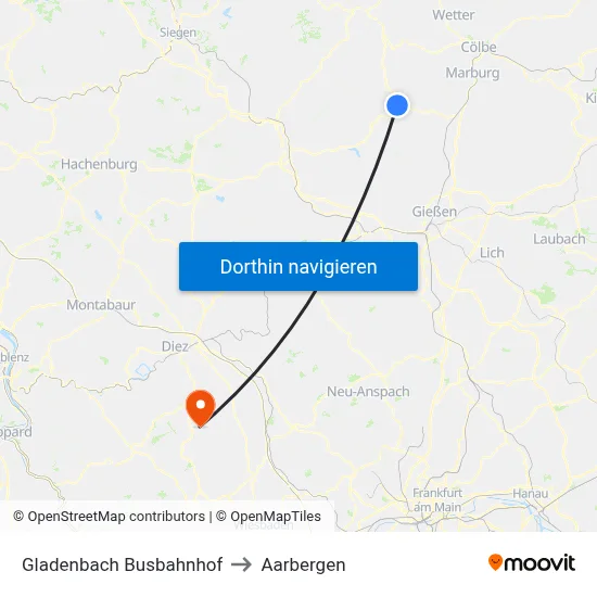 Gladenbach Busbahnhof to Aarbergen map
