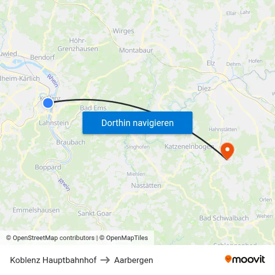 Koblenz Hauptbahnhof to Aarbergen map