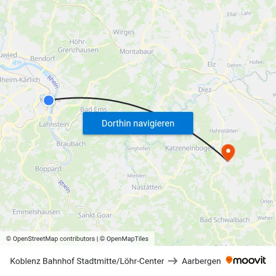 Koblenz Bahnhof Stadtmitte/Löhr-Center to Aarbergen map