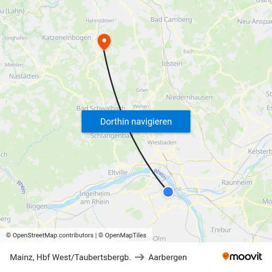 Mainz, Hbf West/Taubertsbergb. to Aarbergen map