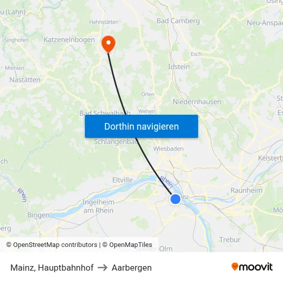 Mainz, Hauptbahnhof to Aarbergen map