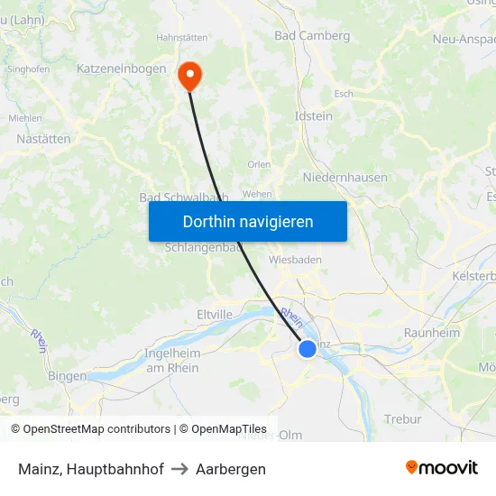Mainz, Hauptbahnhof to Aarbergen map