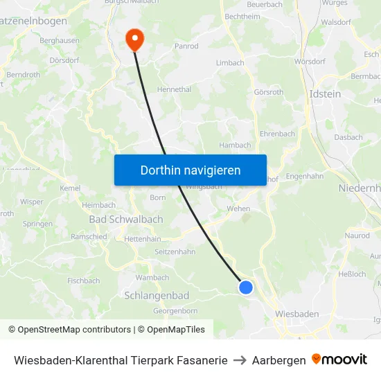 Wiesbaden-Klarenthal Tierpark Fasanerie to Aarbergen map