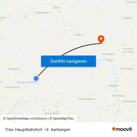 Trier, Hauptbahnhof to Aarbergen map