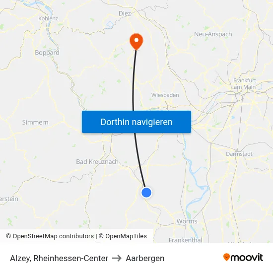 Alzey, Rheinhessen-Center to Aarbergen map