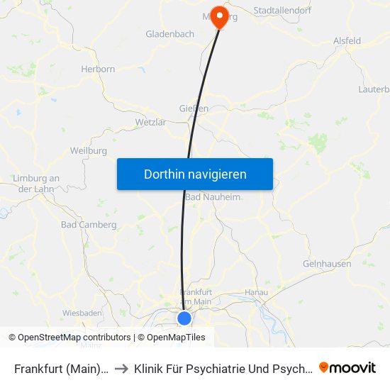 Frankfurt (Main) Niederrad Bahnhof to Klinik Für Psychiatrie Und Psychotherapie Vitos - Standort Marburg map