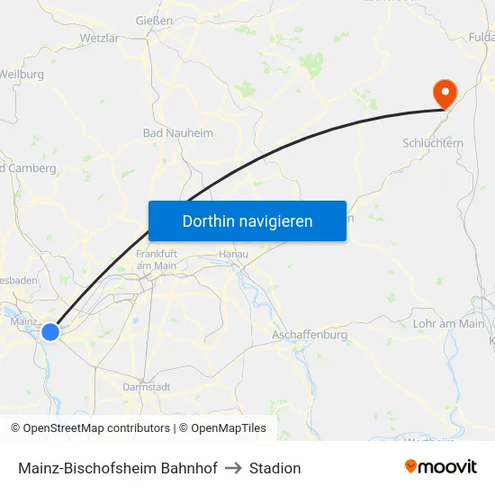 Mainz-Bischofsheim Bahnhof to Stadion map