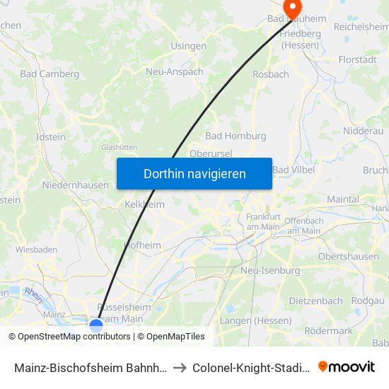 Mainz-Bischofsheim Bahnhof to Colonel-Knight-Stadion map