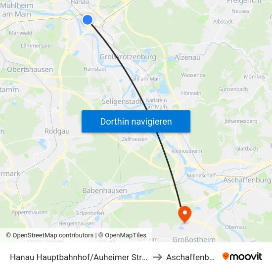 Hanau Hauptbahnhof/Auheimer Straße to Aschaffenburg map