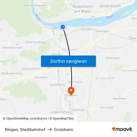 Bingen, Stadtbahnhof to Grolsheim map