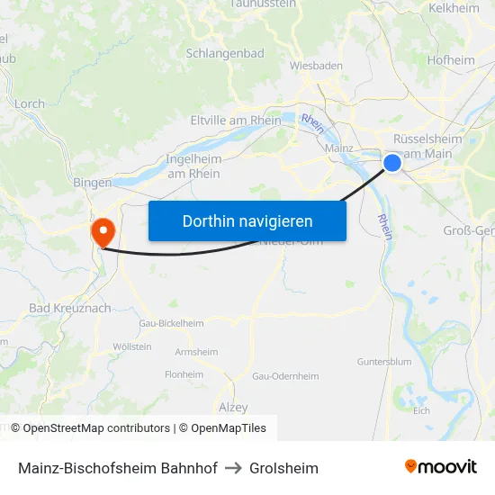 Mainz-Bischofsheim Bahnhof to Grolsheim map