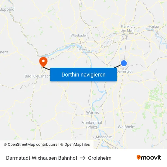 Darmstadt-Wixhausen Bahnhof to Grolsheim map