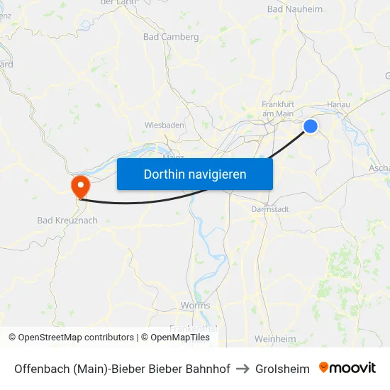 Offenbach (Main)-Bieber Bieber Bahnhof to Grolsheim map