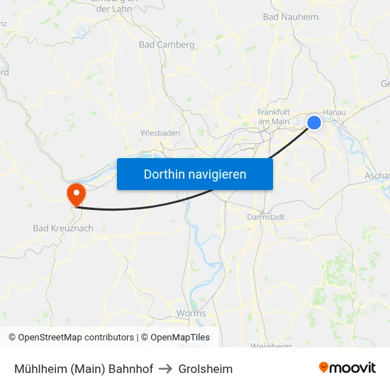 Mühlheim (Main) Bahnhof to Grolsheim map