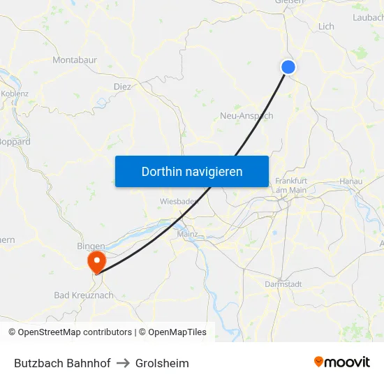 Butzbach Bahnhof to Grolsheim map