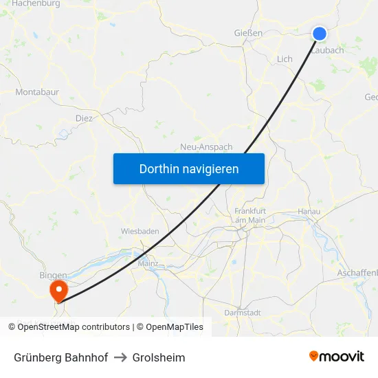 Grünberg Bahnhof to Grolsheim map