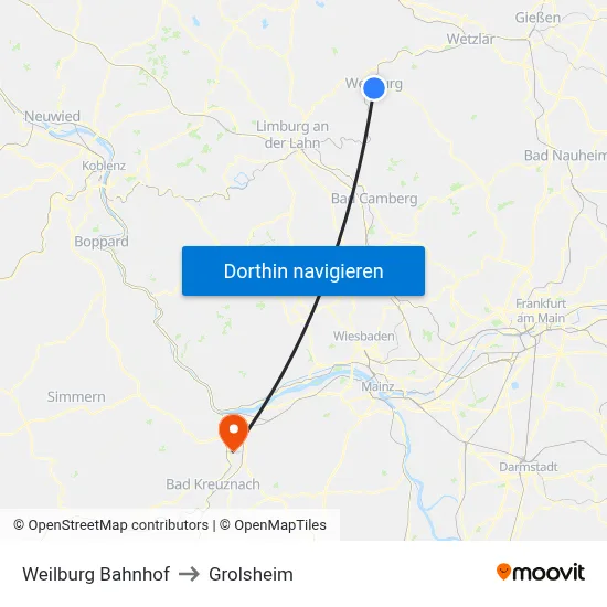 Weilburg Bahnhof to Grolsheim map