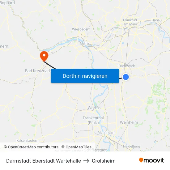 Darmstadt-Eberstadt Wartehalle to Grolsheim map