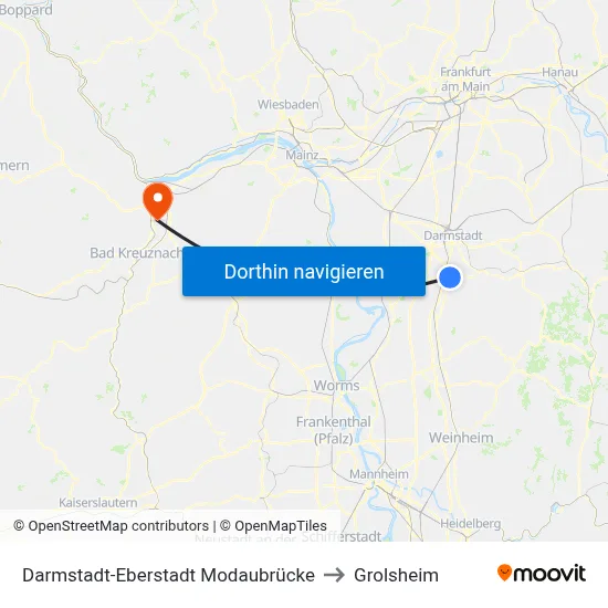 Darmstadt-Eberstadt Modaubrücke to Grolsheim map