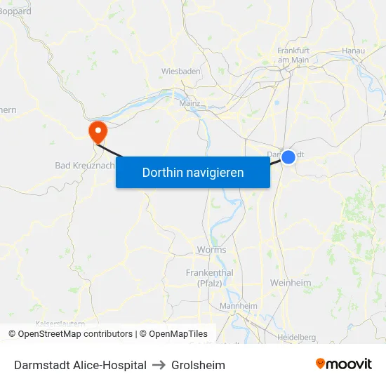 Darmstadt Alice-Hospital to Grolsheim map