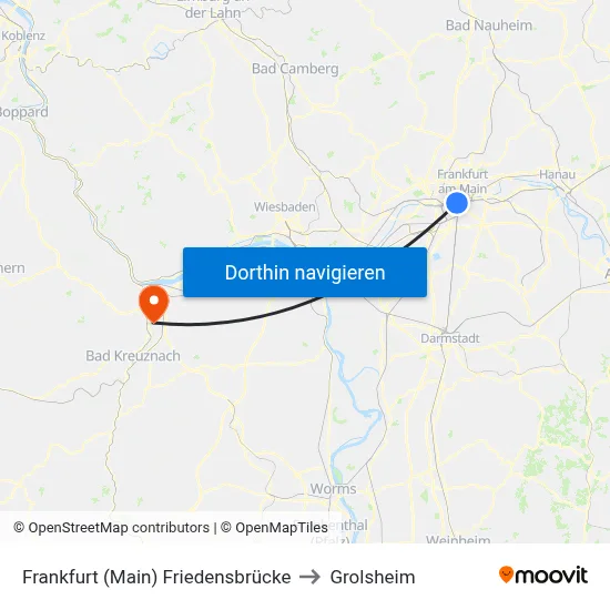 Frankfurt (Main) Friedensbrücke to Grolsheim map