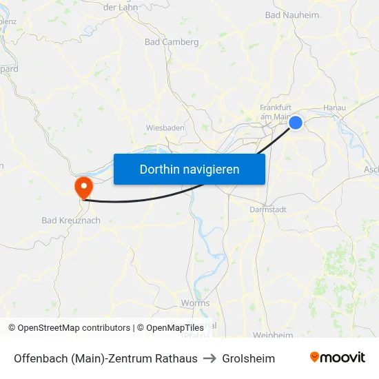 Offenbach (Main)-Zentrum Rathaus to Grolsheim map