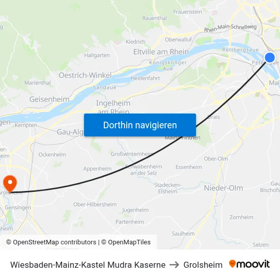 Wiesbaden-Mainz-Kastel Mudra Kaserne to Grolsheim map