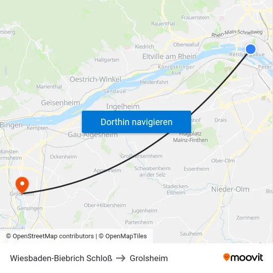 Wiesbaden-Biebrich Schloß to Grolsheim map