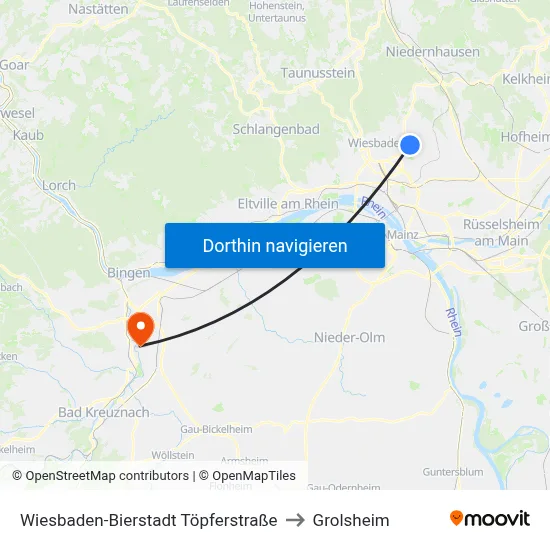 Wiesbaden-Bierstadt Töpferstraße to Grolsheim map
