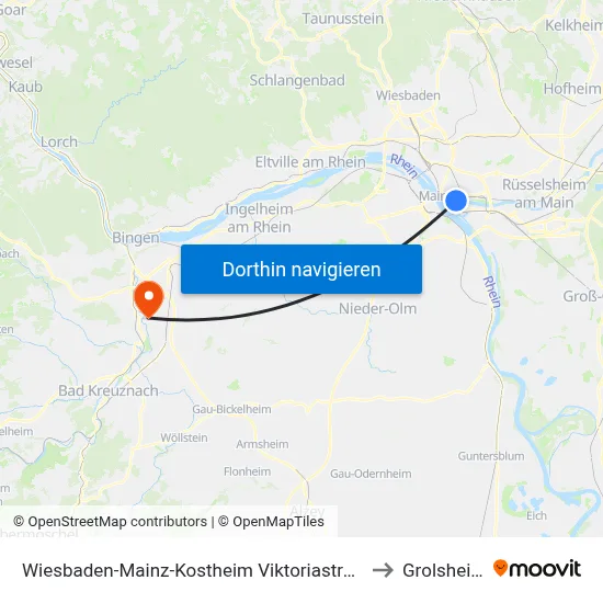 Wiesbaden-Mainz-Kostheim Viktoriastraße to Grolsheim map