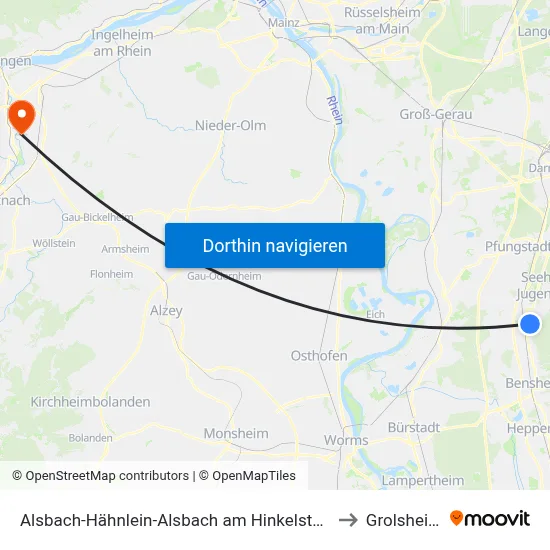 Alsbach-Hähnlein-Alsbach am Hinkelstein to Grolsheim map