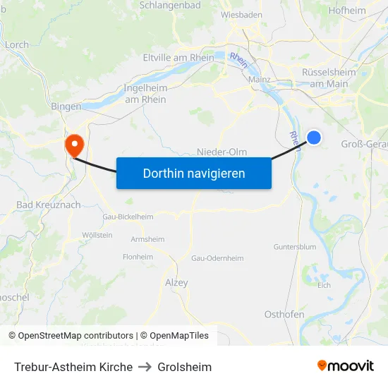 Trebur-Astheim Kirche to Grolsheim map