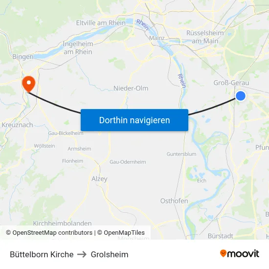 Büttelborn Kirche to Grolsheim map