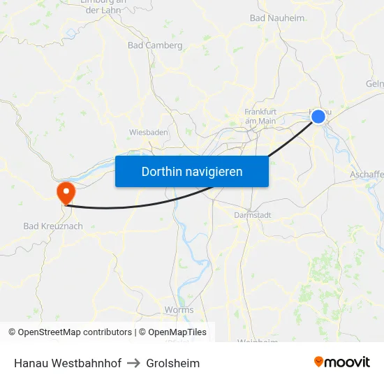 Hanau Westbahnhof to Grolsheim map