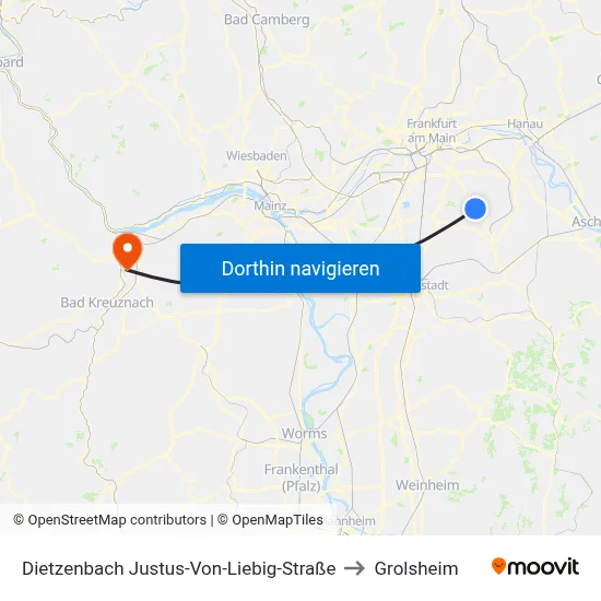 Dietzenbach Justus-Von-Liebig-Straße to Grolsheim map