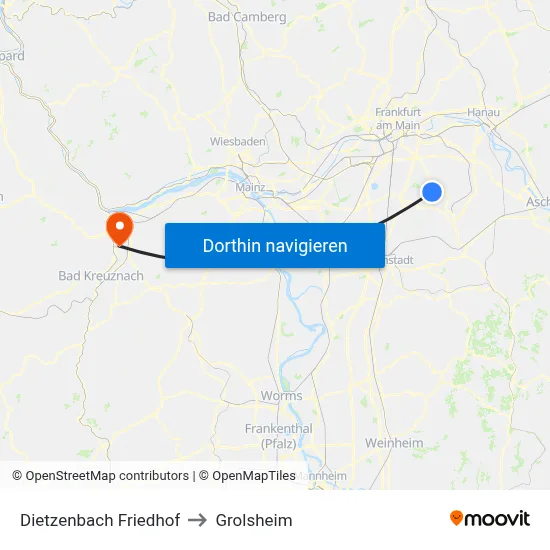 Dietzenbach Friedhof to Grolsheim map