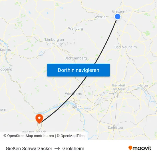 Gießen Schwarzacker to Grolsheim map
