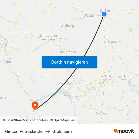 Gießen Petruskirche to Grolsheim map