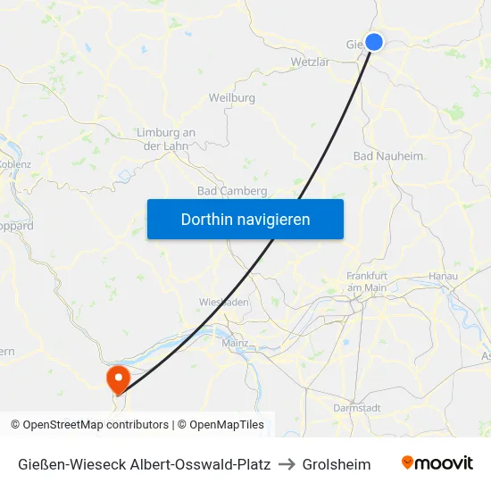 Gießen-Wieseck Albert-Osswald-Platz to Grolsheim map
