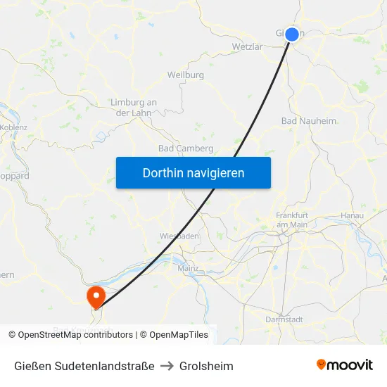 Gießen Sudetenlandstraße to Grolsheim map