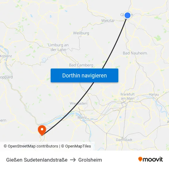 Gießen Sudetenlandstraße to Grolsheim map