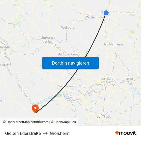 Gießen Ederstraße to Grolsheim map