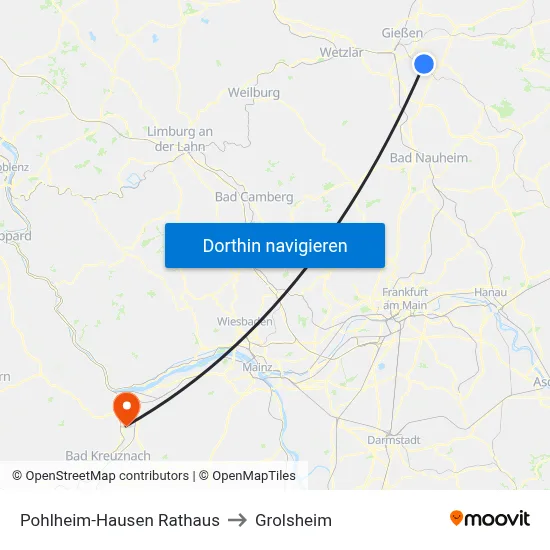 Pohlheim-Hausen Rathaus to Grolsheim map