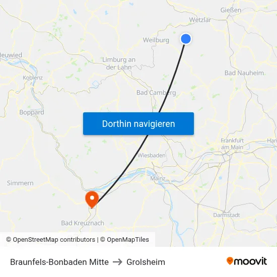 Braunfels-Bonbaden Mitte to Grolsheim map