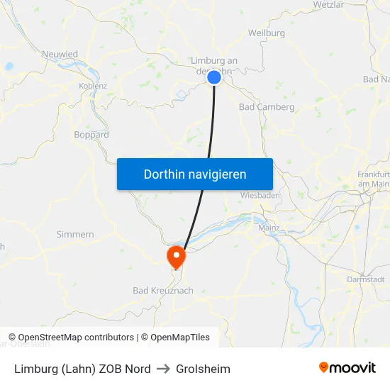 Limburg (Lahn) ZOB Nord to Grolsheim map