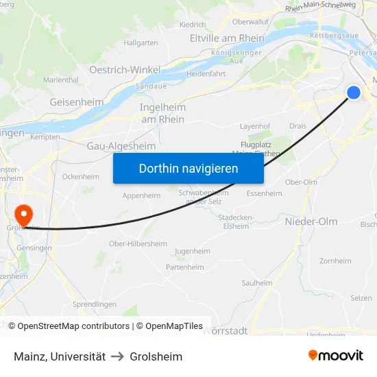 Mainz, Universität to Grolsheim map