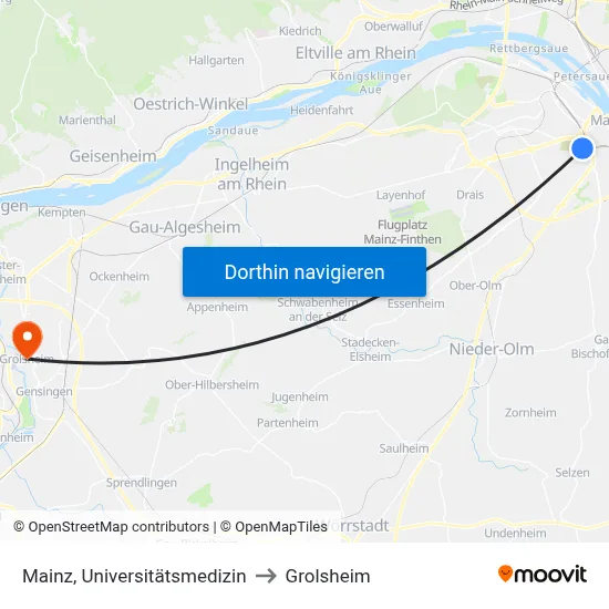 Mainz, Universitätsmedizin to Grolsheim map