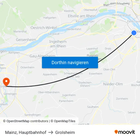 Mainz, Hauptbahnhof to Grolsheim map