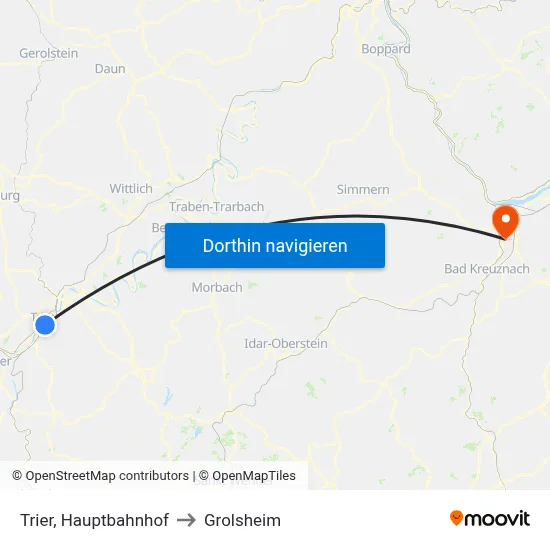 Trier, Hauptbahnhof to Grolsheim map