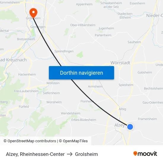 Alzey, Rheinhessen-Center to Grolsheim map